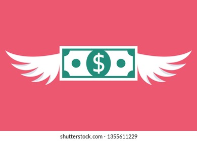 Fly dollar. Money flying with wings. Metaphor of spending money. Vector illustration flat design. Isolated on background. Fast away banknote.
