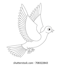 Fly Dove cartoon. Outlined illustration with thin line black stroke