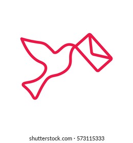 fly dove thin line red icon on white background, happy valentine day