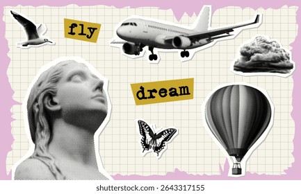 fly dream concept set with ancient statue head looks upward airplane seagull cloud air balloon butterfly isolated retro halftone dotted cut-out traveling trendy vintage collage elements design