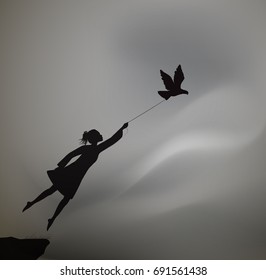 fly to dream, girl is flying and holding pigeons, silhouette of girl holding bird, black and white, vector