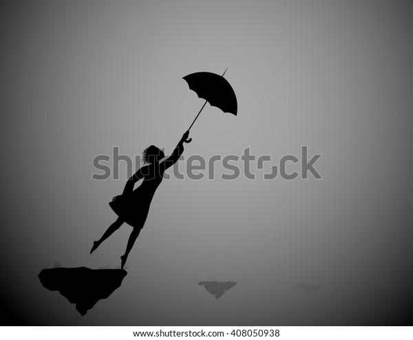 夢の中で飛び 傘を持って飛ぶ岩の上に立つ女の子 魔法の風 飛ぶ岩の上の生活 突風 シルエット のベクター画像素材 ロイヤリティフリー