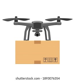 Fly drone carries a package. Flat vector cartoon illustration for fast online delivery from phone.