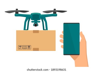 Fly drone carries a package. Flat vector cartoon illustration for fast online delivery from phone.