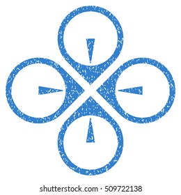 Fly Drone grainy textured icon for overlay watermark stamps. Flat symbol with dirty texture. Dotted vector cobalt ink rubber seal stamp with grunge design on a white background.