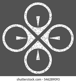 Fly Drone grainy textured icon for overlay watermark stamps. Flat symbol with scratched texture. Dotted vector white ink rubber seal stamp with grunge design on a gray background.