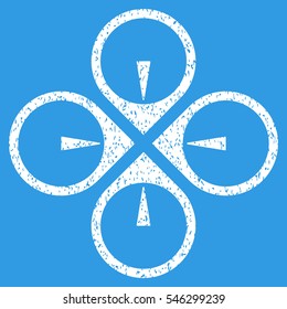 Fly Drone grainy textured icon for overlay watermark stamps. Flat symbol with dust texture. Dotted vector white ink rubber seal stamp with grunge design on a blue background.