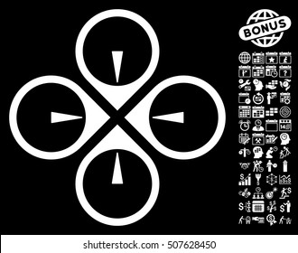 Fly Drone icon with bonus calendar and time management clip art. Vector illustration style is flat iconic symbols, white color, black background.