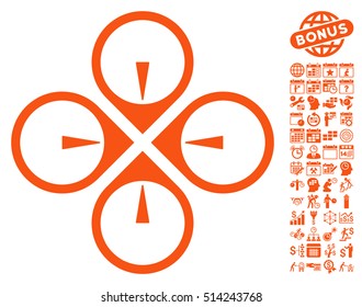 Fly Drone icon with bonus calendar and time management pictograms. Vector illustration style is flat iconic symbols, orange color, white background.