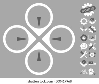 Fly Drone icon with bonus configuration design elements. Vector illustration style is flat iconic symbols, dark gray and white colors, silver background.