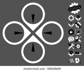 Fly Drone icon with bonus configuration pictograph collection. Vector illustration style is flat iconic symbols, black and white colors, gray background.