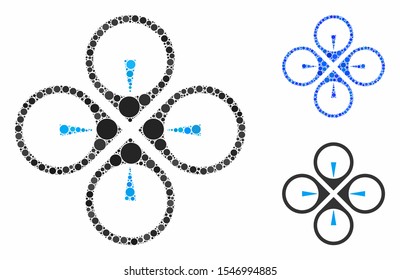 Fly drone mosaic of small circles in different sizes and color tinges, based on fly drone icon. Vector small circles are grouped into blue mosaic. Dotted fly drone icon in usual and blue versions.