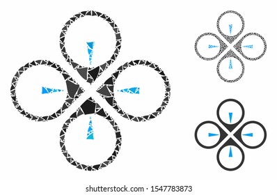 Fly drone mosaic of uneven pieces in different sizes and color hues, based on fly drone icon. Vector trembly pieces are combined into collage. Fly drone icons collage with dotted pattern.