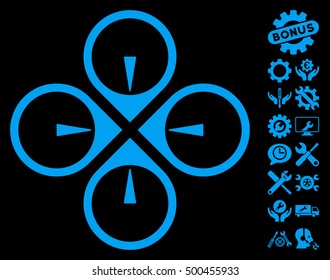 Fly Drone pictograph with bonus service pictograph collection. Vector illustration style is flat iconic symbols, blue color, black background.