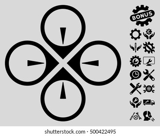 Fly Drone pictograph with bonus settings pictures. Vector illustration style is flat iconic symbols, black color, light gray background.