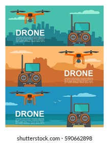 Fly drone with remote control on background night city, day sea and sunset mountain. Vector flat color illustration. For horizontal banner