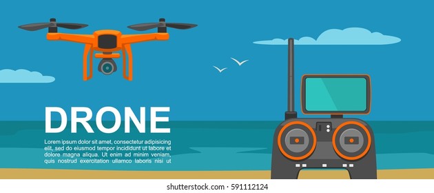 Fly drone with remote control on background day sea. Vector flat color illustration. For horizontal banner