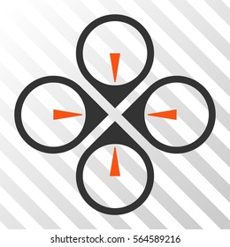Fly Drone vector pictograph. Illustration style is flat iconic bicolor orange and gray symbol on a hatched transparent background.