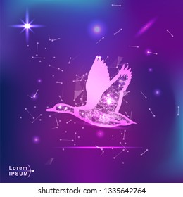 fly duck. Polygonal wireframe duck silhouette on gradient background. Space, futuristic, zodiac concept. Shine neon style vector illustration