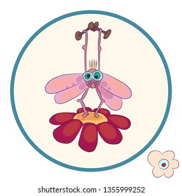 A fly with dumbbells goes in for sports. Insect on the flower. Vector illustration. Emblem. Amulet. Greeting card.For kids
