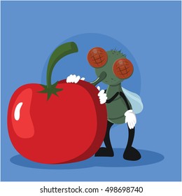 fly eating tomato vector illustration design