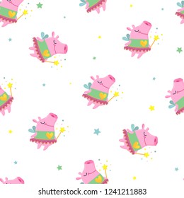 Fly elf pig with magic wand. Abstract seamless piggy pattern. Funny cartoon animal repeated backdrop. 