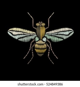 Fly embroidery. Insect embroidery. Vector decorative element for embroidery, patches and stickers
