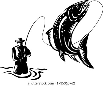 Fly Fisherman Catching Spotted Trout Fish Jumping Woodcut Retro Black and White