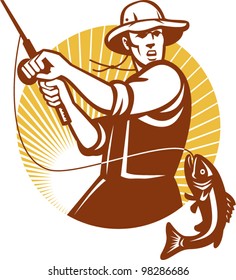 Fly Fisherman Fishing Retro Woodcut