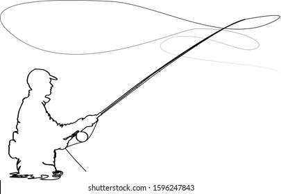 Fly fisherman fishing.clip art black fishing on white background - Vector