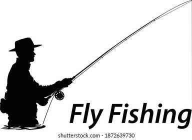 Fly fisherman fishing.clip art black fishing on white background - Vector