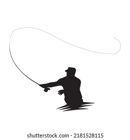 Fly fisherman fishing.clip art black fishing on white background