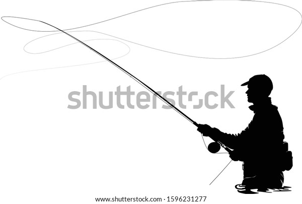 Fly fisherman fishing.clip art black fishing on\
white background - Vector