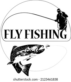 Fly fisherman fishing.graphic fly fishing.clip art black fishing on white background - Vector