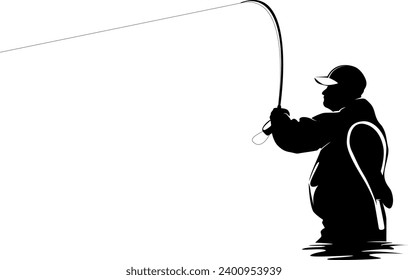 Fly fisherman fishing.graphic fly fishing.clip art black fishing on white background. Vector