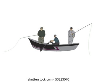 Fly Fishermen In Drift Boat With Guide