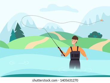 Fly fishing. Angler in a wild landscape. Fisherman throws a fishing rod with a line and fly