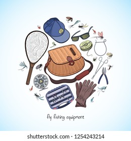 Fly fishing equipment collection - creel, landing net, reel, fly box, apparel, flies and other devices - big set with hand drawn fishing gear elements - outline color vector illustration