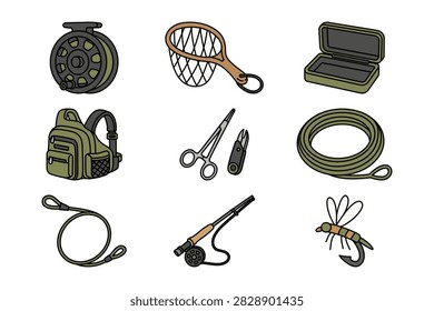 Fly fishing equipment flat style element illustration icon design set with fly rod, reel, line, box, artificial fly, strike indicator, tippet spool, landing net, nipper too