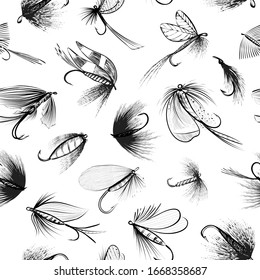 Fly fishing flies seamless pattern. Fishing lures - black and white vector sketch style illustration isolated on white background