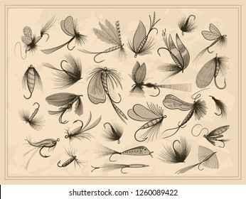 Fly fishing flies - various kinds: wet, dry, sinking, floating, streamers, nymphs and others - big collection of fishing lures - vintage vector illustration isolated on texture background