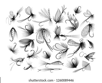 Fly fishing flies - various kinds: wet, dry, sinking, floating, streamers, nymphs and others - big collection of fishing lures - black and white vector illustration isolated on white background