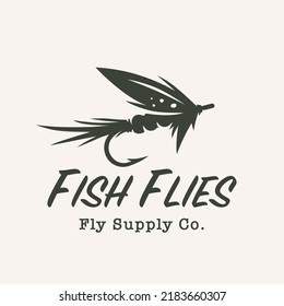 Fly fishing hook logo. Fly tying icon. Artificial feather lure emblem. Freshwater fish flies symbol. Vector illustration.