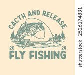 Fly fishing illustration trout graphic lake design fly fishing vintage design cacth and release design trout illustration lake illustration