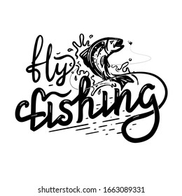 Fly fishing logo. Hand lettering logo with jumping fish and splash of water. Vector 