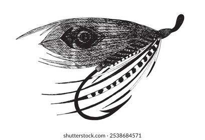 Fly fishing lure. Classic fly hook tied with feathers. Hand-drawn fishing tackle in ink.	