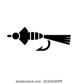 Ícone de isca de pesca de mosca em estilo de silhueta mínima preto e branco com corpo segmentado, fibras de cauda macia e gancho, para marca de equipamentos de pesca, identidade esportiva ao ar livre, ou design de produtos de pesca.