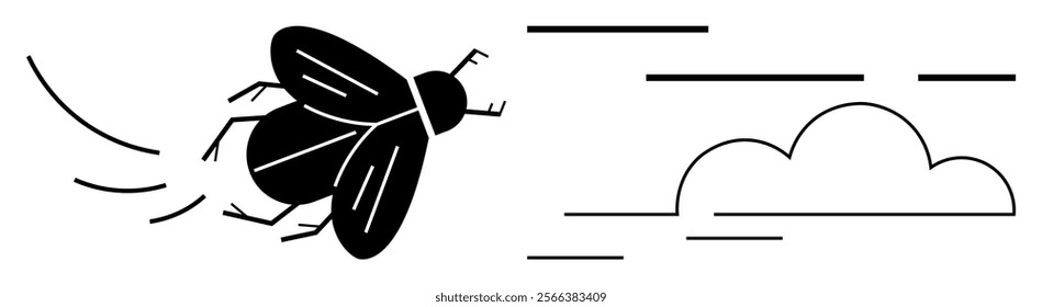 A fly in flight is depicted with motion lines next to a foamy cloud. Ideal for nature, insect studies, simplicity, minimalism, and environmental themes. Simple black-and-white vector style