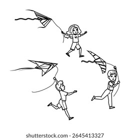 fly flying kite kid vector. girl children, cute sky, nature wind fly flying kite kid character. people black line pencil drawing illustration