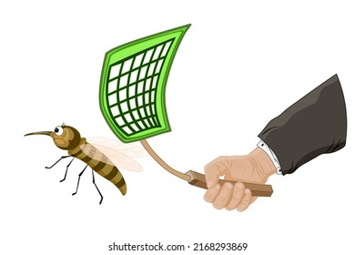 Fly And Flyswatter In Hand Isolated On White Background.Hand Killing Fly With Swatter.Man Trie To Catch Fly With Flyswatter.Insect Pest Trap.Tool For Destruction Of Insects At Home.Vector Illustration